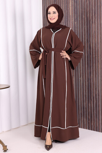Çizgi Desenli Önü Boydan Fermuarlı Bel Kuşaklı Ferace 7885 Kahverengi 
