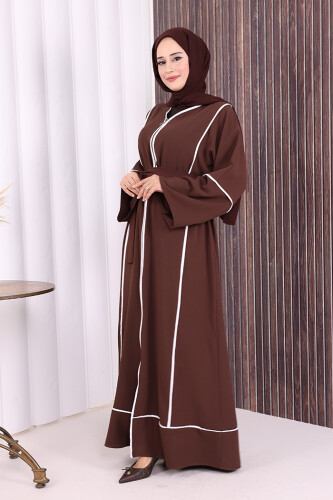 Çizgi Desenli Önü Boydan Fermuarlı Bel Kuşaklı Ferace 7885 Kahverengi - 3