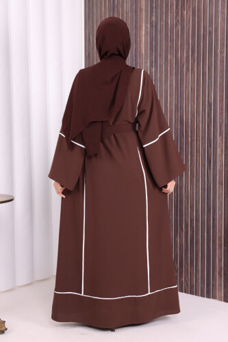 Çizgi Desenli Önü Boydan Fermuarlı Bel Kuşaklı Ferace 7885 Kahverengi - 4