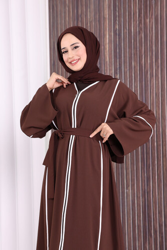 Çizgi Desenli Önü Boydan Fermuarlı Bel Kuşaklı Ferace 7885 Kahverengi - 5