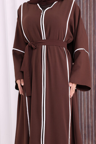 Çizgi Desenli Önü Boydan Fermuarlı Bel Kuşaklı Ferace 7885 Kahverengi - 6