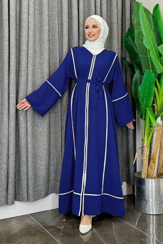 Çizgi Desenli Önü Boydan Fermuarlı Bel Kuşaklı Ferace 7885 Lacivert - Bym Fashion