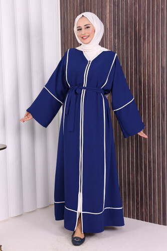 Çizgi Desenli Önü Boydan Fermuarlı Bel Kuşaklı Ferace 7885 Lacivert - Bym Fashion