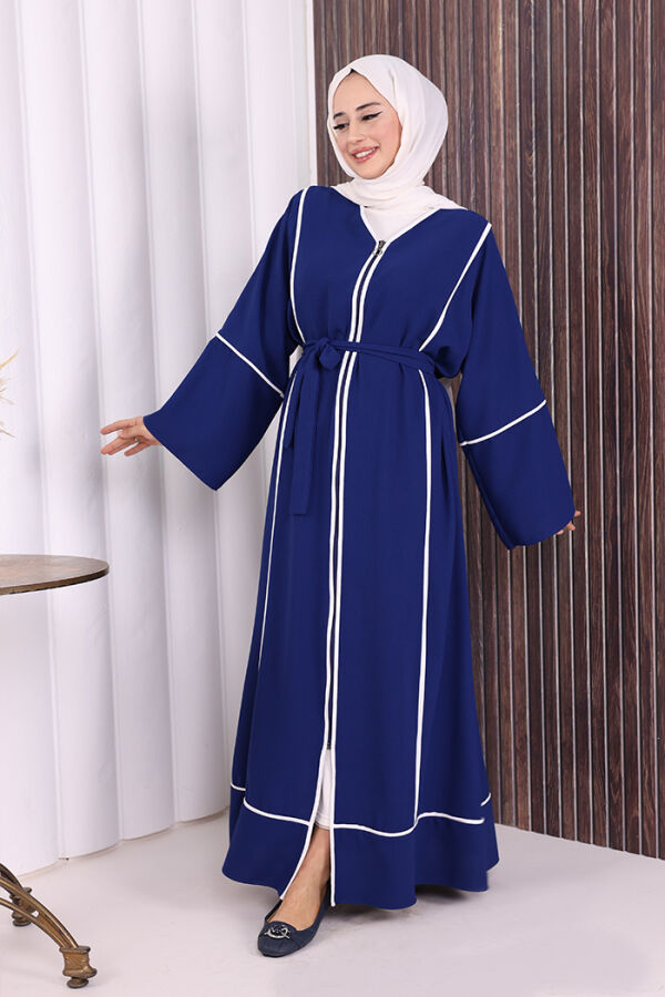 Çizgi Desenli Önü Boydan Fermuarlı Bel Kuşaklı Ferace 7885 Lacivert - 2