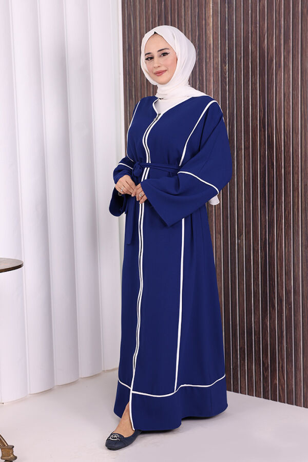 Çizgi Desenli Önü Boydan Fermuarlı Bel Kuşaklı Ferace 7885 Lacivert - 3