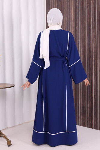 Çizgi Desenli Önü Boydan Fermuarlı Bel Kuşaklı Ferace 7885 Lacivert - 4