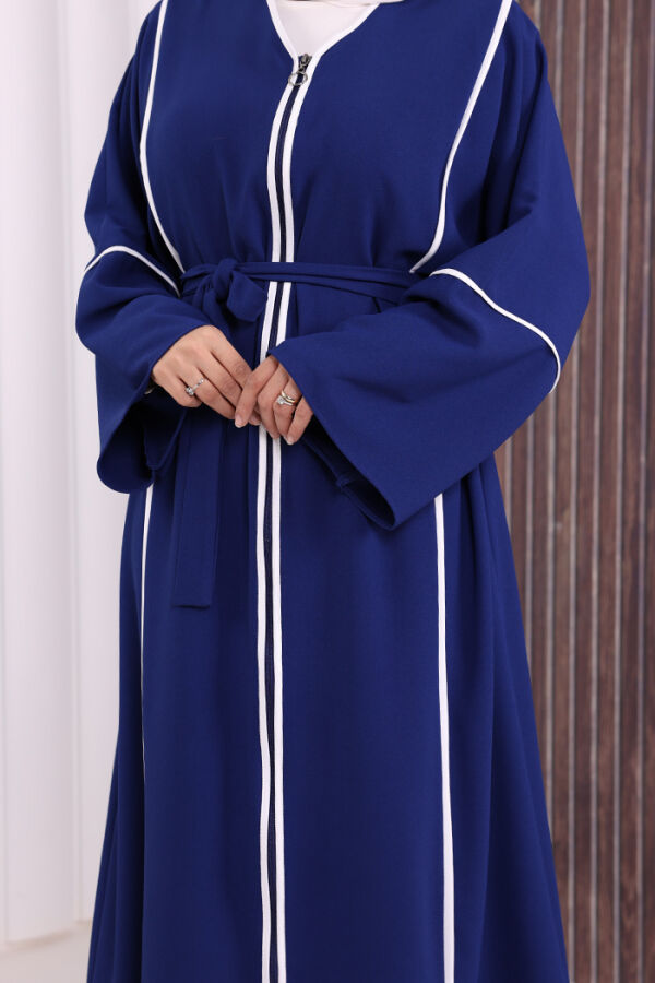 Çizgi Desenli Önü Boydan Fermuarlı Bel Kuşaklı Ferace 7885 Lacivert - 6