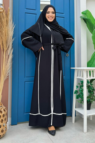 Çizgi Desenli Önü Boydan Fermuarlı Bel Kuşaklı Ferace 7885 Siyah - Bym Fashion