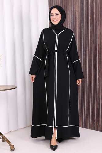 Çizgi Desenli Önü Boydan Fermuarlı Bel Kuşaklı Ferace 7885 Siyah - Bym Fashion