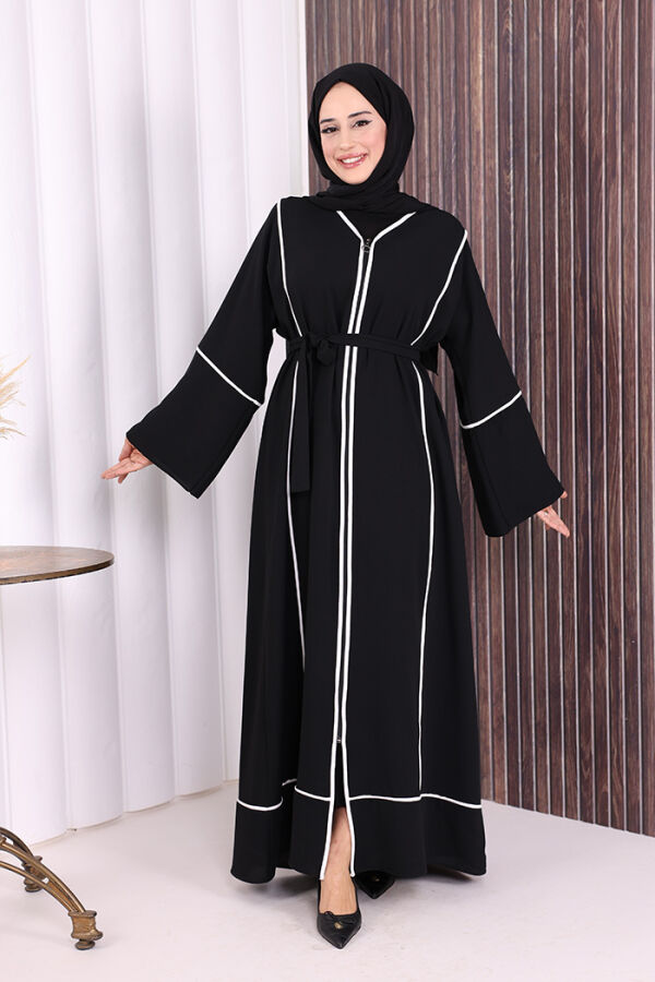 Çizgi Desenli Önü Boydan Fermuarlı Bel Kuşaklı Ferace 7885 Siyah - 2