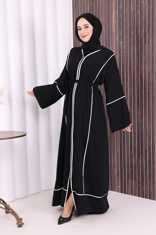Çizgi Desenli Önü Boydan Fermuarlı Bel Kuşaklı Ferace 7885 Siyah - 3