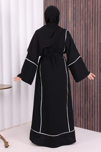 Çizgi Desenli Önü Boydan Fermuarlı Bel Kuşaklı Ferace 7885 Siyah - 4