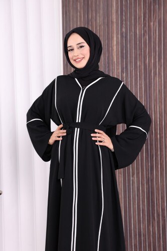 Çizgi Desenli Önü Boydan Fermuarlı Bel Kuşaklı Ferace 7885 Siyah - 5