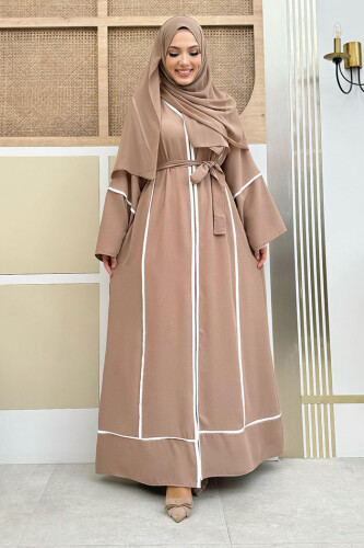 Çizgi Desenli Önü Boydan Fermuarlı Bel Kuşaklı Ferace 7885 Vizon - Bym Fashion