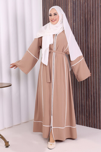 Çizgi Desenli Önü Boydan Fermuarlı Bel Kuşaklı Ferace 7885 Vizon - Bym Fashion