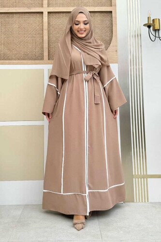 Çizgi Desenli Önü Boydan Fermuarlı Bel Kuşaklı Ferace 7885 Vizon - bym fashion