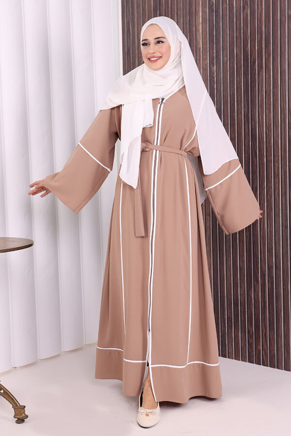 Çizgi Desenli Önü Boydan Fermuarlı Bel Kuşaklı Ferace 7885 Vizon - 1