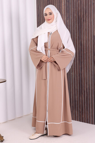 Çizgi Desenli Önü Boydan Fermuarlı Bel Kuşaklı Ferace 7885 Vizon - 2