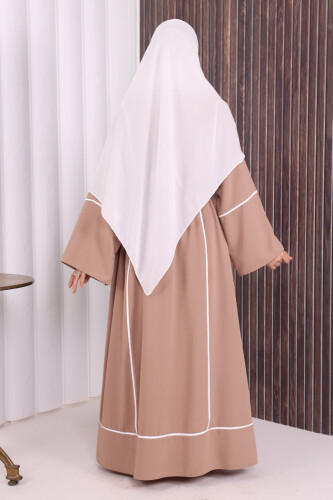 Çizgi Desenli Önü Boydan Fermuarlı Bel Kuşaklı Ferace 7885 Vizon - 4