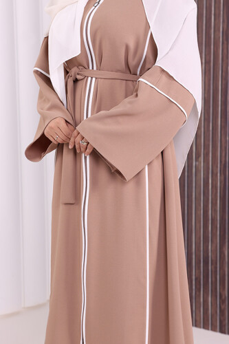 Çizgi Desenli Önü Boydan Fermuarlı Bel Kuşaklı Ferace 7885 Vizon - 6