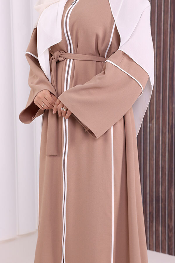 Çizgi Desenli Önü Boydan Fermuarlı Bel Kuşaklı Ferace 7885 Vizon - 6