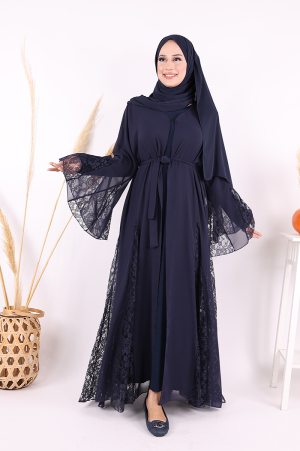 Dantel İşleme Detay Kuşaklı Şifon Abaya 7886 Lacivert - 2