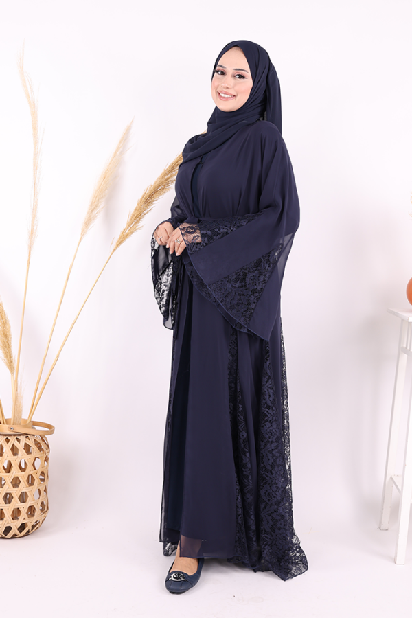 Dantel İşleme Detay Kuşaklı Şifon Abaya 7886 Lacivert - 3