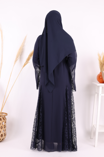 Dantel İşleme Detay Kuşaklı Şifon Abaya 7886 Lacivert - 4