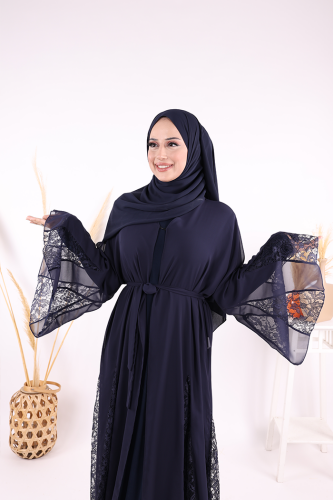 Dantel İşleme Detay Kuşaklı Şifon Abaya 7886 Lacivert - 5