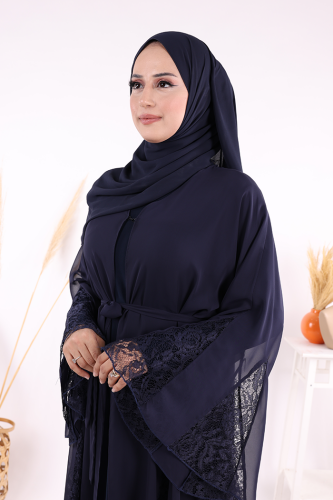 Dantel İşleme Detay Kuşaklı Şifon Abaya 7886 Lacivert - 6