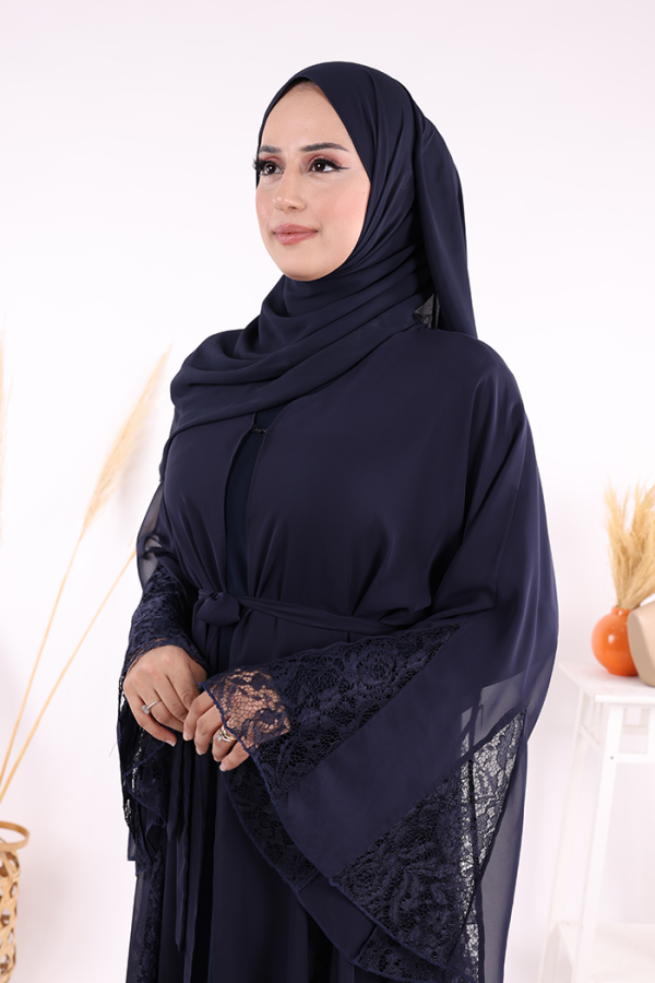 Dantel İşleme Detay Kuşaklı Şifon Abaya 7886 Lacivert - 6