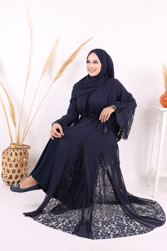Dantel İşleme Detay Kuşaklı Şifon Abaya 7886 Lacivert - Bym Fashion