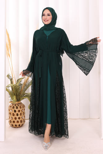 Dantel İşleme Detay Kuşaklı Şifon Abaya 7886 Zümrüt - 2
