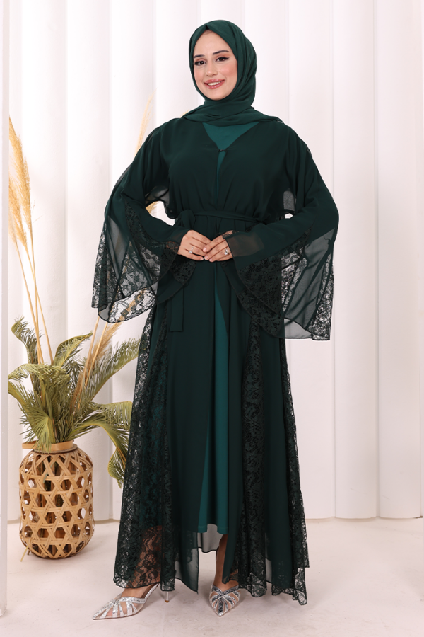 Dantel İşleme Detay Kuşaklı Şifon Abaya 7886 Zümrüt - 3