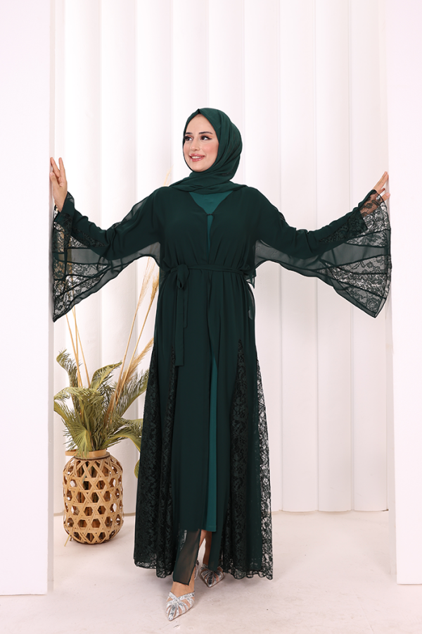 Dantel İşleme Detay Kuşaklı Şifon Abaya 7886 Zümrüt - 4