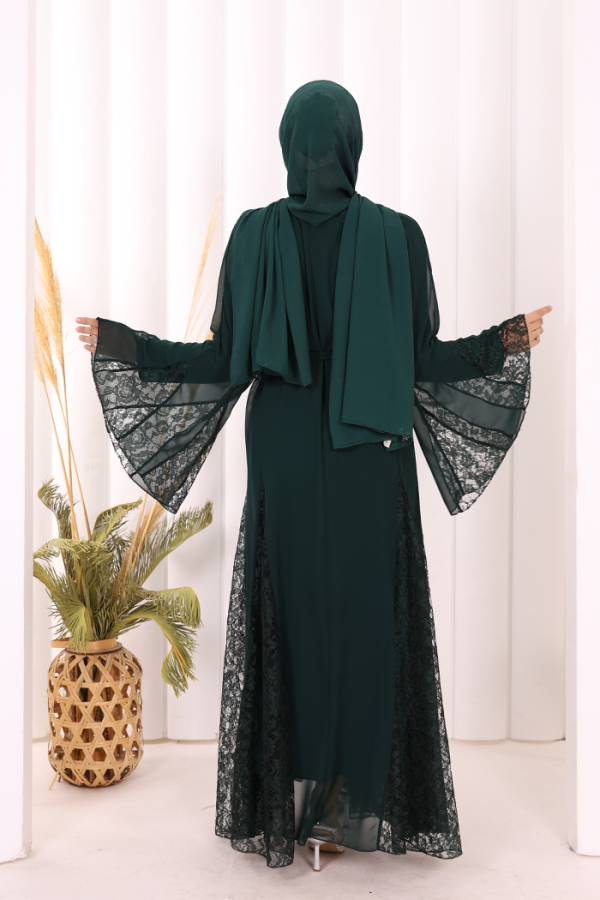Dantel İşleme Detay Kuşaklı Şifon Abaya 7886 Zümrüt - 5