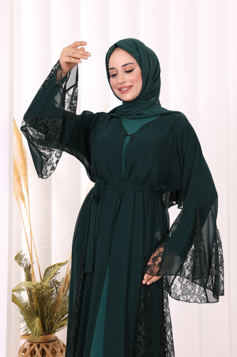 Dantel İşleme Detay Kuşaklı Şifon Abaya 7886 Zümrüt - 6
