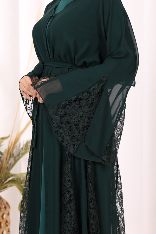 Dantel İşleme Detay Kuşaklı Şifon Abaya 7886 Zümrüt - 7