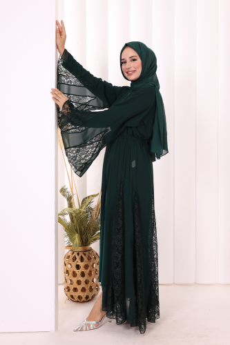 Dantel İşleme Detay Kuşaklı Şifon Abaya 7886 Zümrüt - Bym Fashion