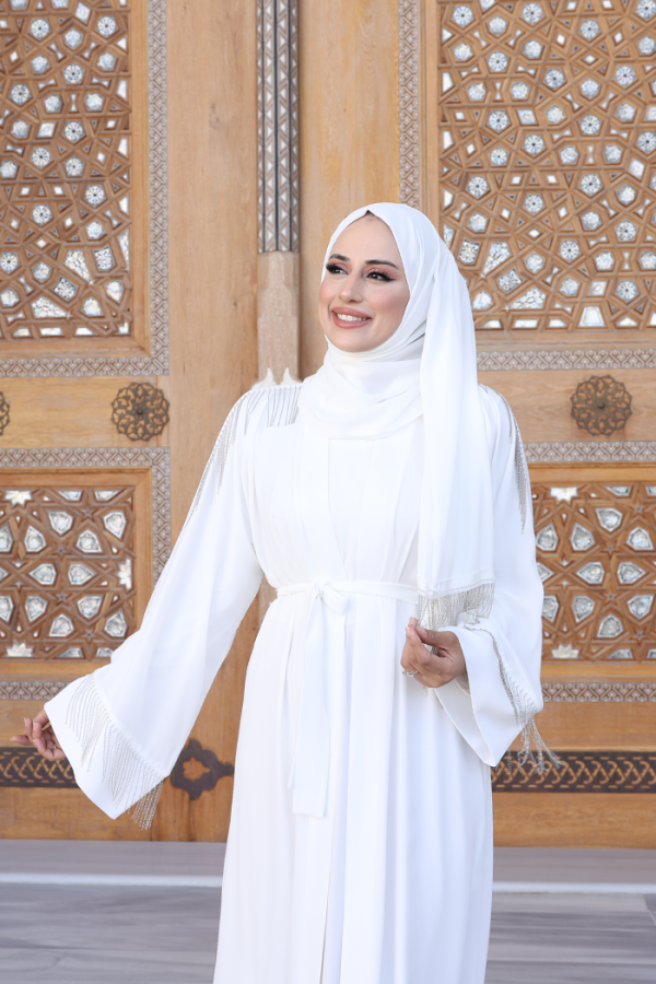 Zincir Püskül Detay Şallı Abaya 7887 Ekru - 4