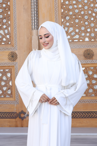Zincir Püskül Detay Şallı Abaya 7887 Ekru - 5