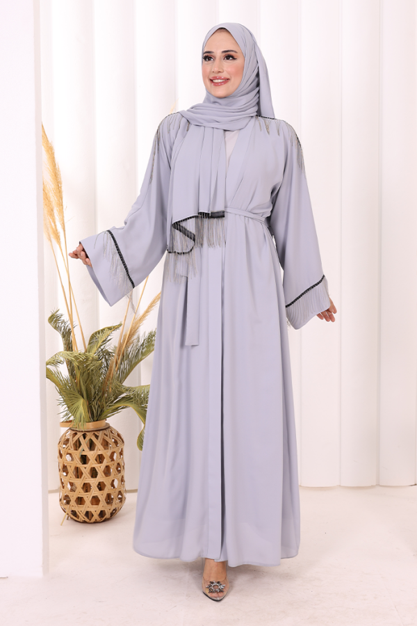 Zincir Püskül Detay Şallı Abaya 7887 Gri - 1