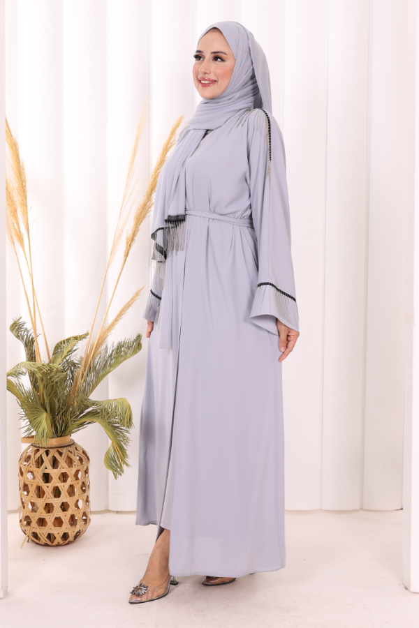 Zincir Püskül Detay Şallı Abaya 7887 Gri - 2