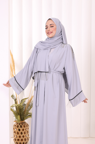 Zincir Püskül Detay Şallı Abaya 7887 Gri - 5