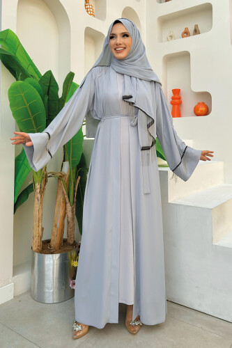 Zincir Püskül Detay  Abaya ŞAL HEDİYE  7887 Gri - 7