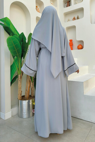 Zincir Püskül Detay  Abaya ŞAL HEDİYE  7887 Gri - 8