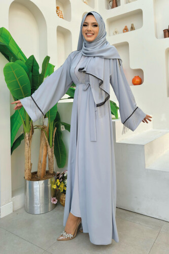 Zincir Püskül Detay  Abaya ŞAL HEDİYE  7887 Gri - 9