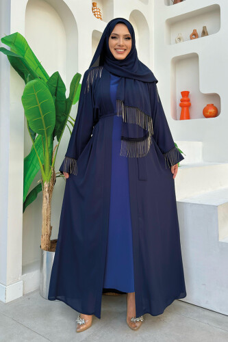 Zincir Püskül Detay Şallı Abaya 7887 Lacivert 