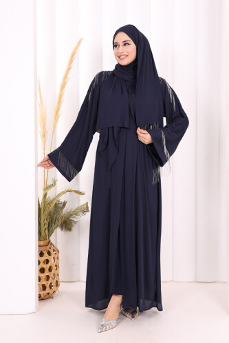 Zincir Püskül Detay  Abaya ŞAL HEDİYE  7887 Lacivert 