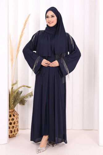 Zincir Püskül Detay  Abaya ŞAL HEDİYE  7887 Lacivert - 2